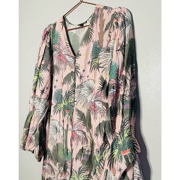 LoboRosa Pink Floral Puff Sleeve Palms Button Front Up Dress Size Large - Picture 5 of 16